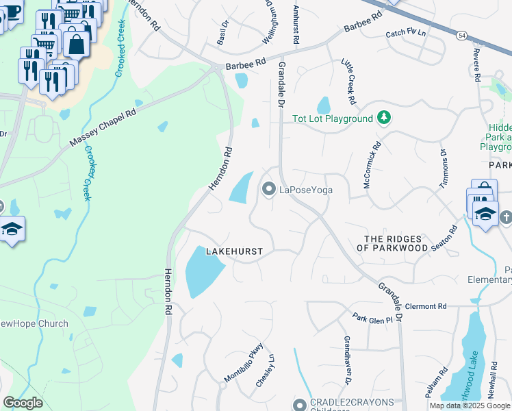 map of restaurants, bars, coffee shops, grocery stores, and more near Shalimar Drive in Durham