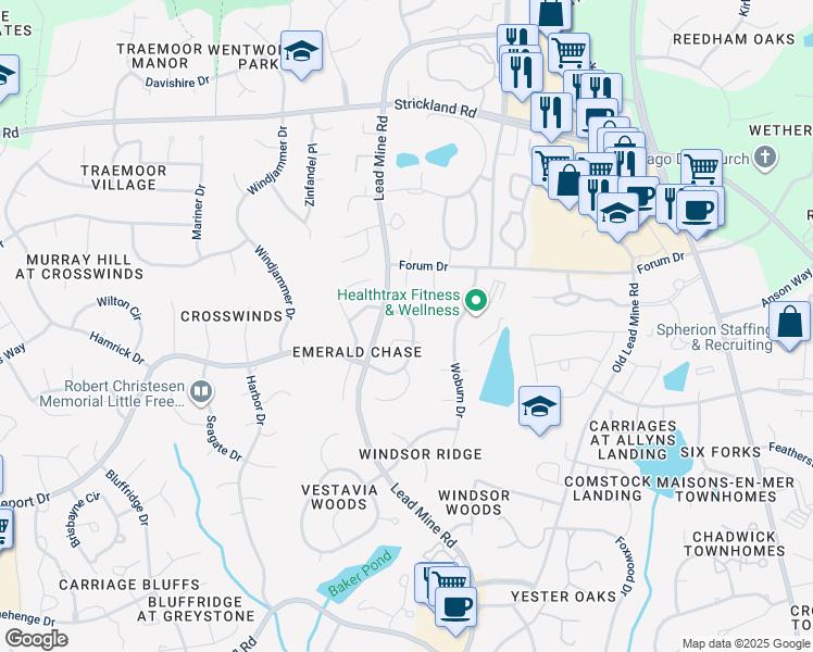 map of restaurants, bars, coffee shops, grocery stores, and more near 1312 Bridgeport Drive in Raleigh