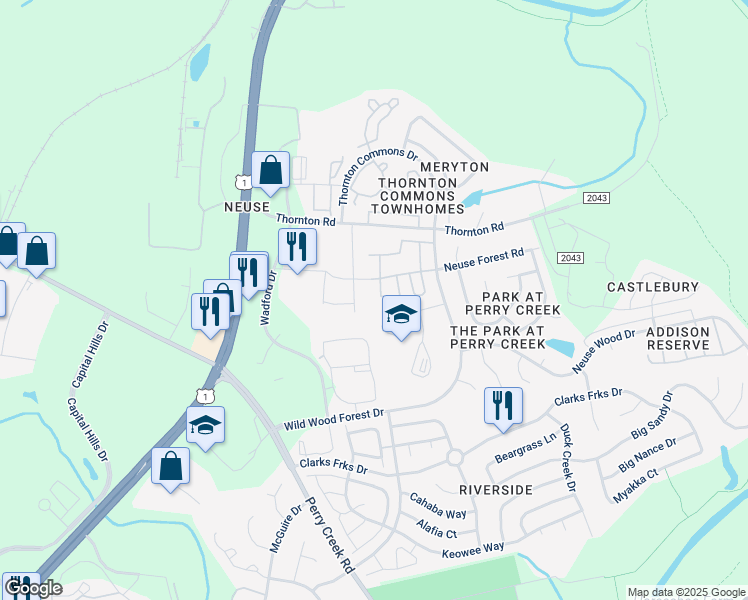 map of restaurants, bars, coffee shops, grocery stores, and more near 8631 Neuse Club Lane in Raleigh