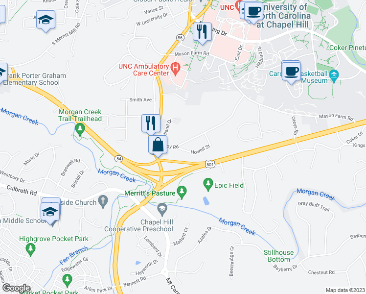 map of restaurants, bars, coffee shops, grocery stores, and more near 215 Purefoy Road in Chapel Hill