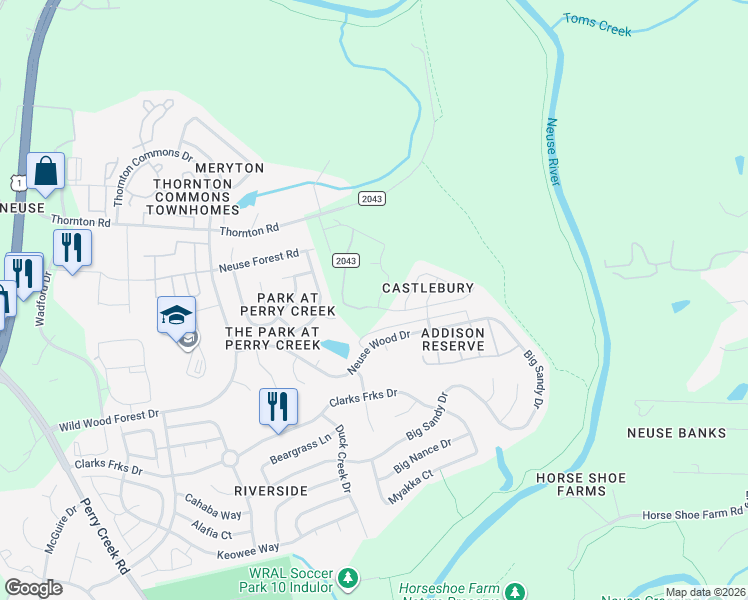 map of restaurants, bars, coffee shops, grocery stores, and more near 5910 Brambleberry Way in Raleigh
