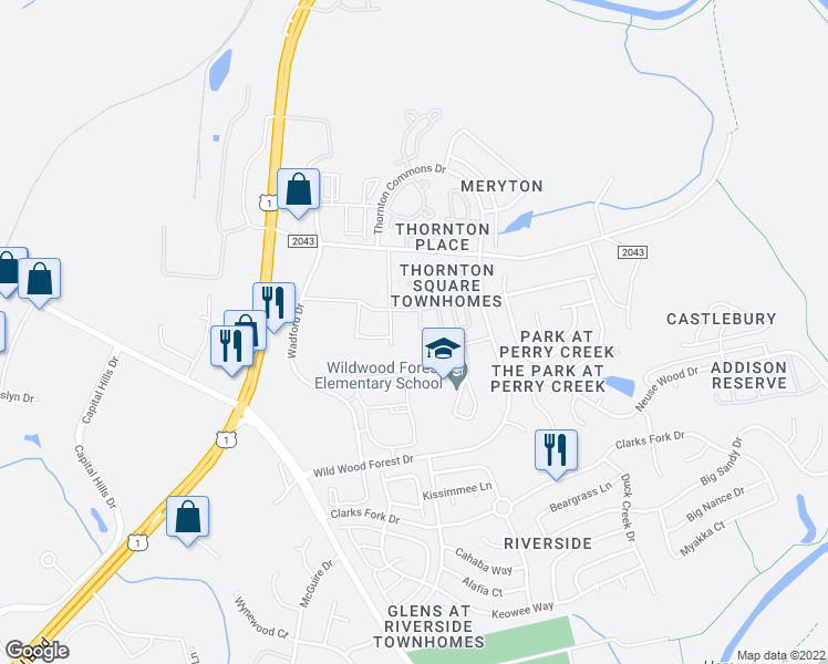 map of restaurants, bars, coffee shops, grocery stores, and more near 8710 Wadford Drive in Raleigh