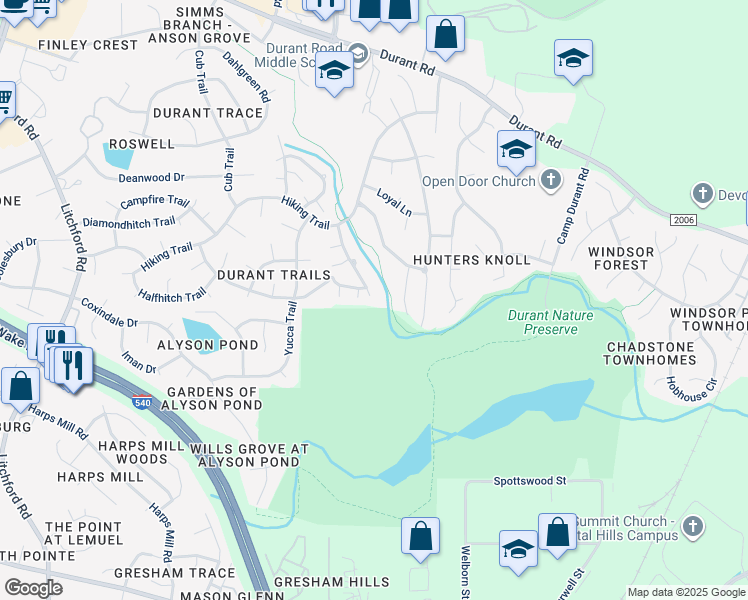 map of restaurants, bars, coffee shops, grocery stores, and more near 8501 Clivedon Drive in Raleigh