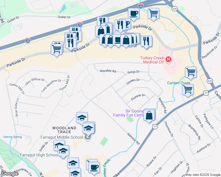 map of restaurants, bars, coffee shops, grocery stores, and more near 11008 Sonja Drive in Knoxville