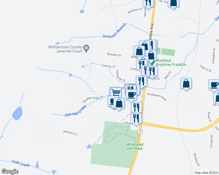 map of restaurants, bars, coffee shops, grocery stores, and more near 5000 Toll House Circle in Franklin