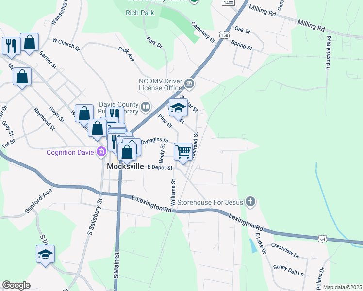 map of restaurants, bars, coffee shops, grocery stores, and more near 160 Foster Street in Mocksville