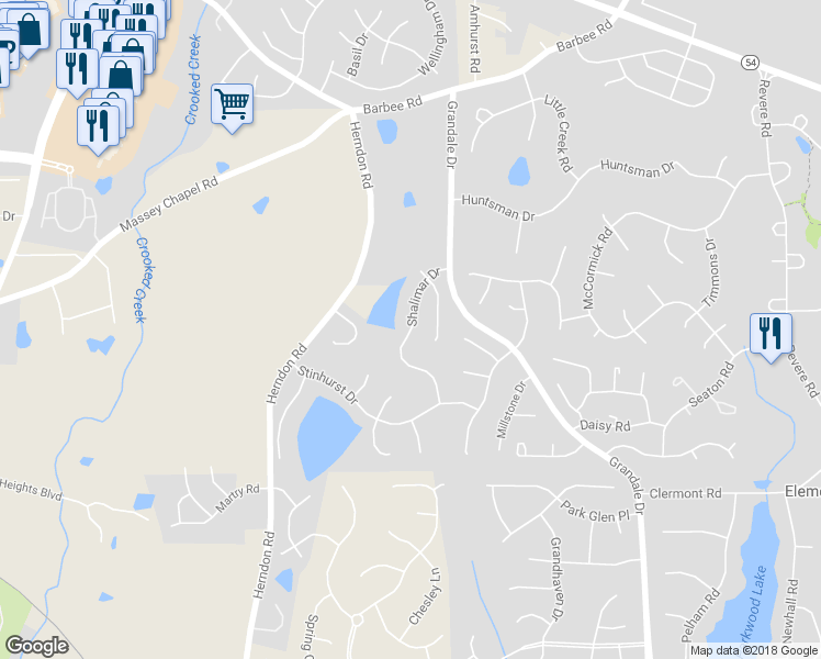 map of restaurants, bars, coffee shops, grocery stores, and more near Shalimar Drive in Durham