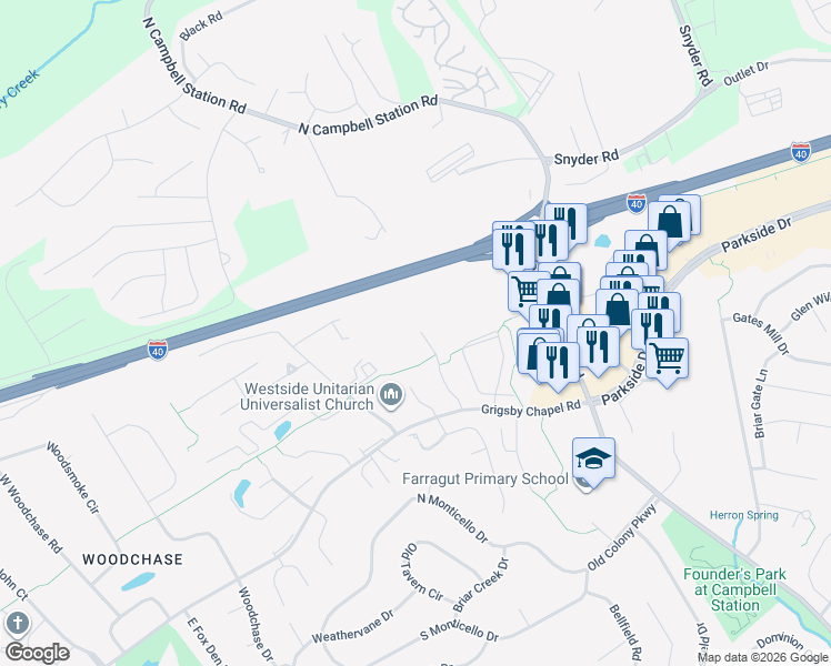 map of restaurants, bars, coffee shops, grocery stores, and more near 691 Chapel Point Lane in Knoxville