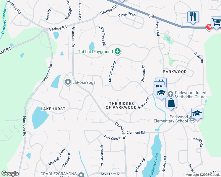 map of restaurants, bars, coffee shops, grocery stores, and more near 5404 McCormick Road in Durham
