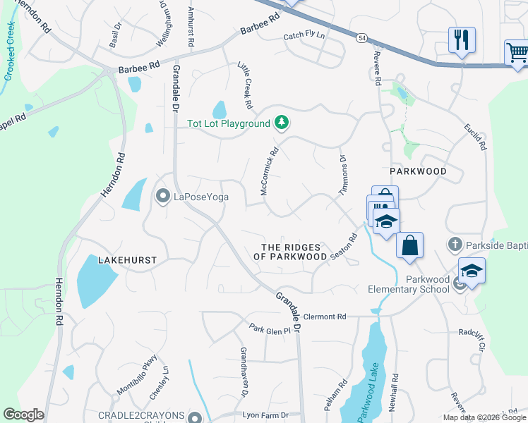 map of restaurants, bars, coffee shops, grocery stores, and more near 5404 McCormick Road in Durham