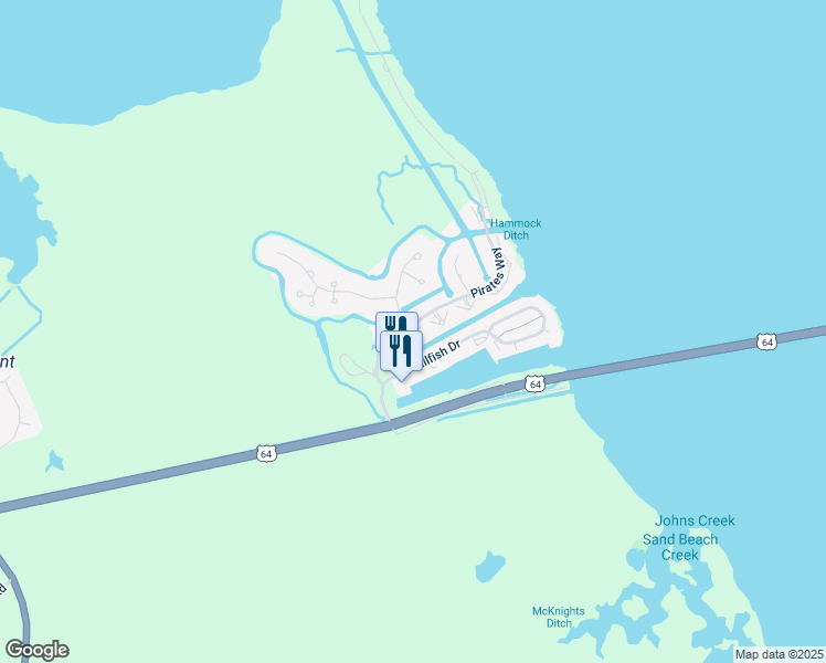 map of restaurants, bars, coffee shops, grocery stores, and more near 1A Sailfish Drive in Manteo