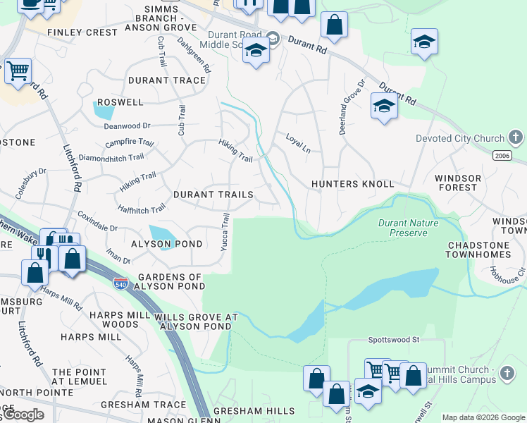 map of restaurants, bars, coffee shops, grocery stores, and more near 8500 Powis Circle in Raleigh