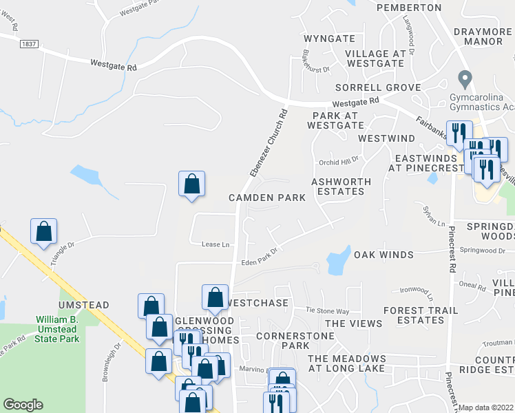 map of restaurants, bars, coffee shops, grocery stores, and more near 8480 Central Drive in Raleigh