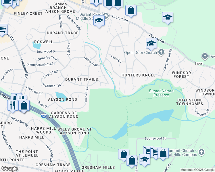 map of restaurants, bars, coffee shops, grocery stores, and more near 8501 Clivedon Drive in Raleigh