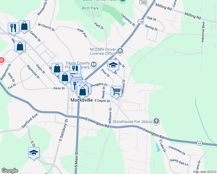 map of restaurants, bars, coffee shops, grocery stores, and more near 250 Ken Dwiggins Drive in Mocksville