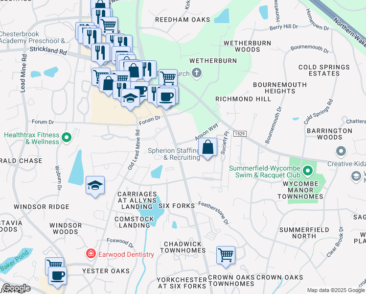 map of restaurants, bars, coffee shops, grocery stores, and more near 8506 Six Forks Road in Raleigh