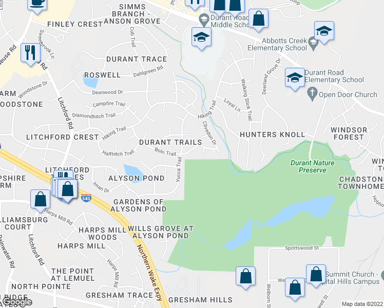 map of restaurants, bars, coffee shops, grocery stores, and more near 3013 Bolo Trail in Raleigh