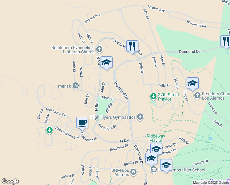 map of restaurants, bars, coffee shops, grocery stores, and more near 2108 41st Street in Los Alamos