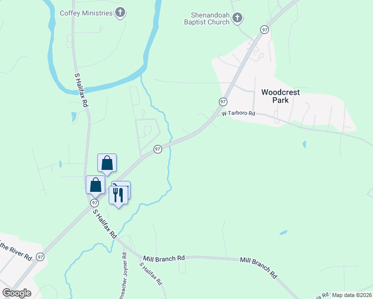 map of restaurants, bars, coffee shops, grocery stores, and more near 11011-11119 Highway 97 in Rocky Mount