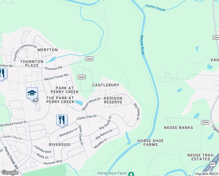 map of restaurants, bars, coffee shops, grocery stores, and more near 6015 Neuse Wood Drive in Raleigh