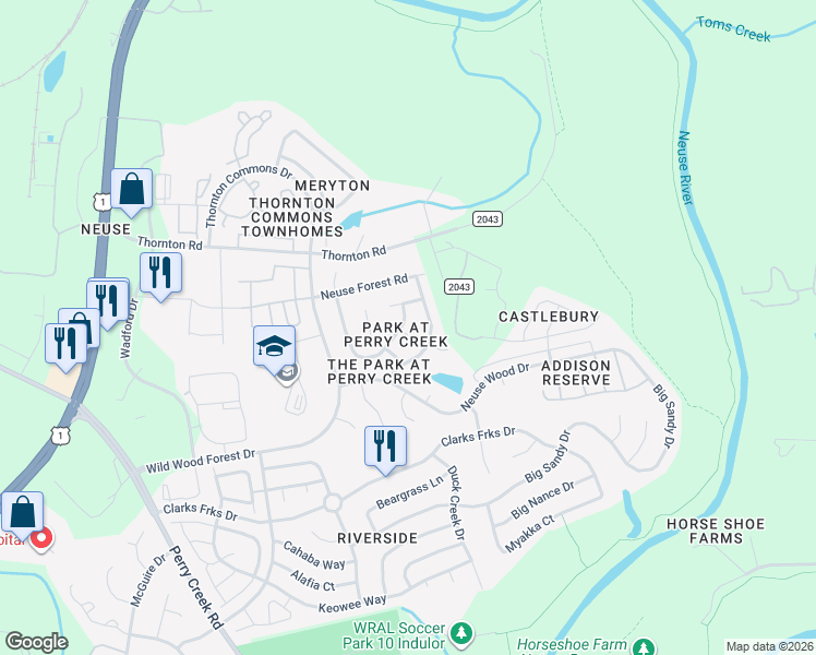 map of restaurants, bars, coffee shops, grocery stores, and more near 8621 Neuse Town Drive in Raleigh