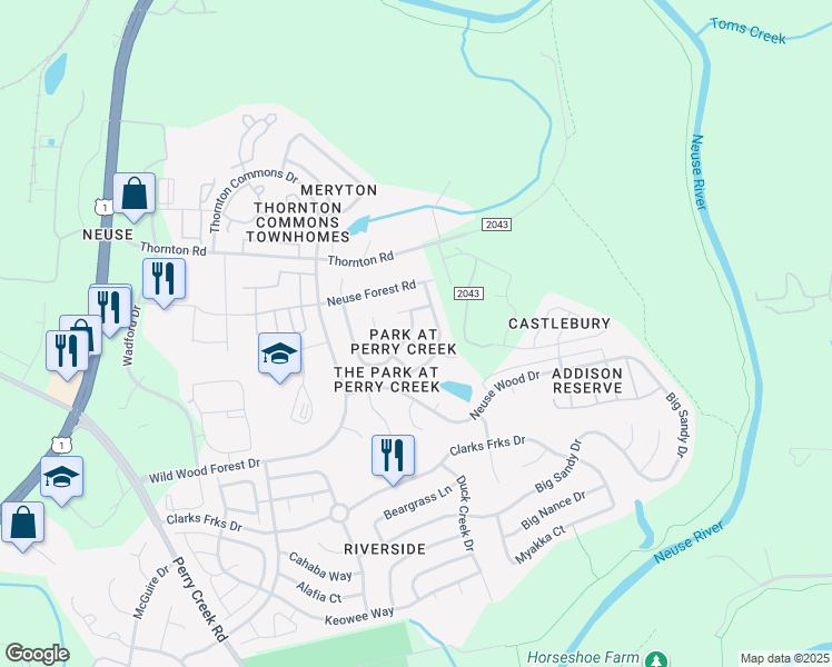map of restaurants, bars, coffee shops, grocery stores, and more near 8621 Neuse Town Drive in Raleigh