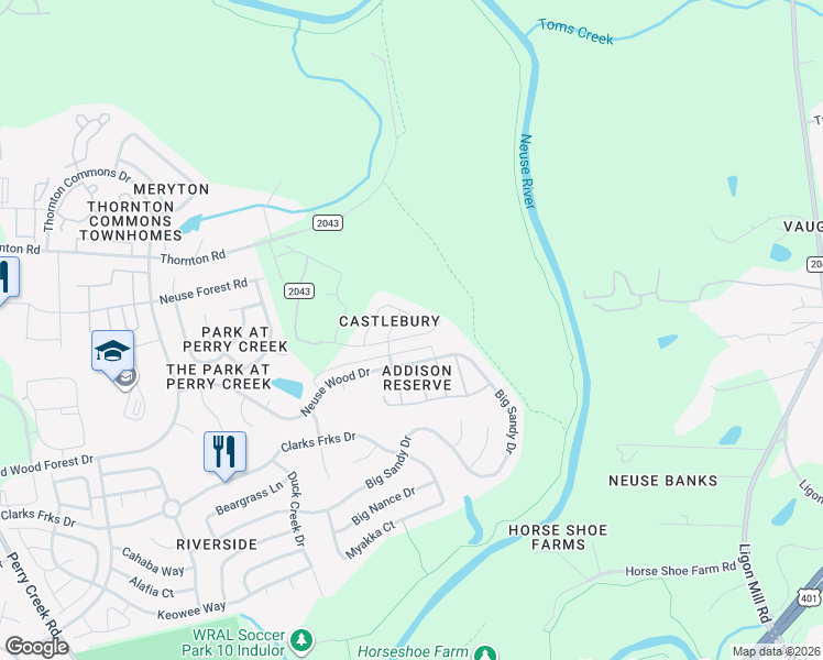 map of restaurants, bars, coffee shops, grocery stores, and more near 6015 Neuse Wood Drive in Raleigh