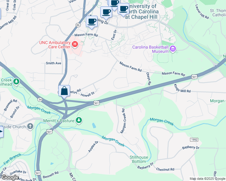 map of restaurants, bars, coffee shops, grocery stores, and more near 418 Whitehead Circle in Chapel Hill