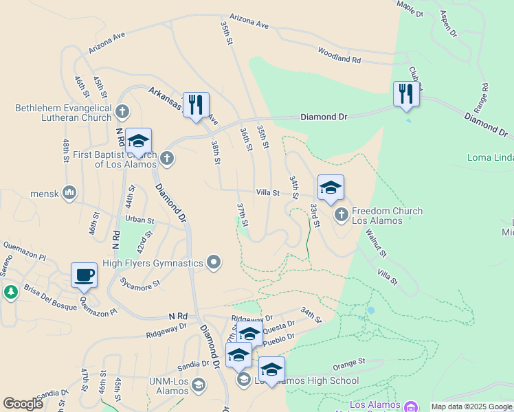 map of restaurants, bars, coffee shops, grocery stores, and more near 2157 35th Street in Los Alamos
