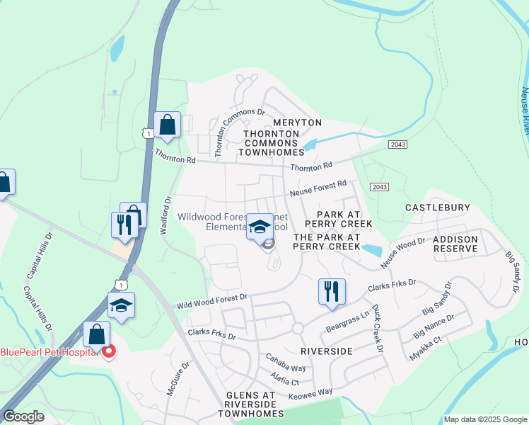 map of restaurants, bars, coffee shops, grocery stores, and more near 8621 Neuse Club Lane in Raleigh