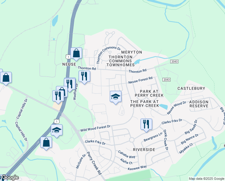 map of restaurants, bars, coffee shops, grocery stores, and more near 8621 Neuse Club Lane in Raleigh