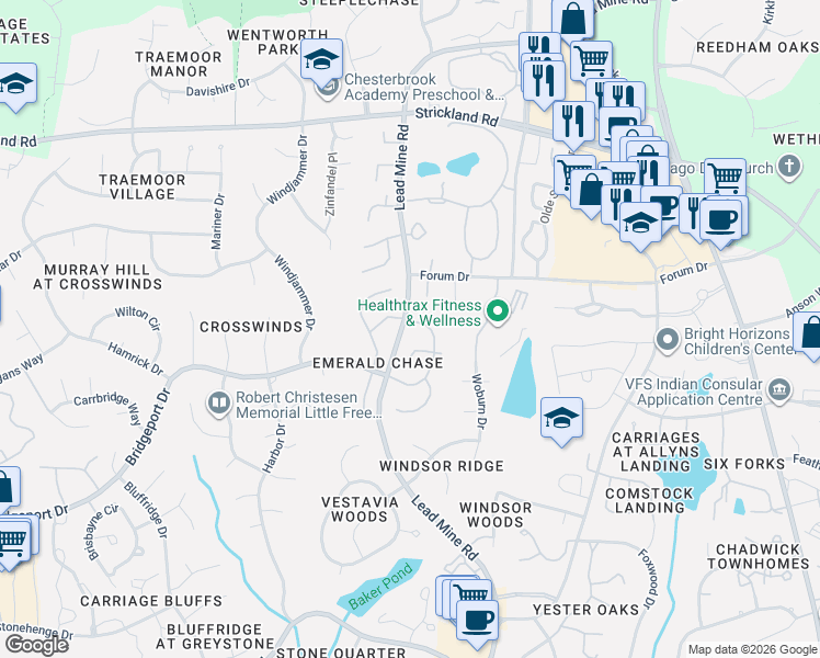 map of restaurants, bars, coffee shops, grocery stores, and more near 1420 Amberton Court in Raleigh