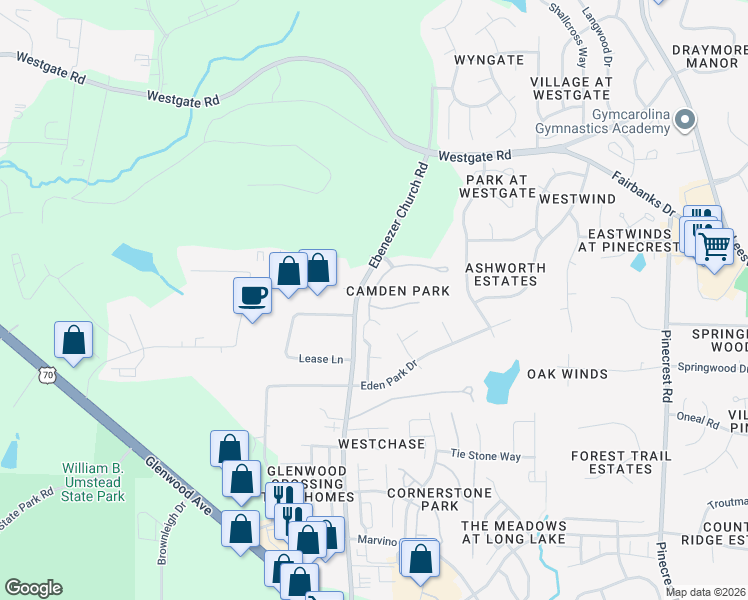 map of restaurants, bars, coffee shops, grocery stores, and more near 8700 Churchdown Court in Raleigh