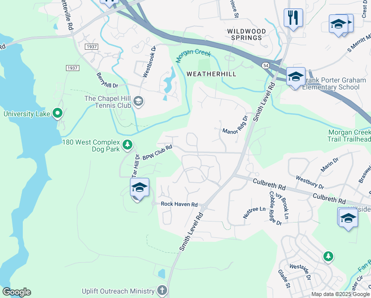 map of restaurants, bars, coffee shops, grocery stores, and more near 148 BPW Club Road in Carrboro