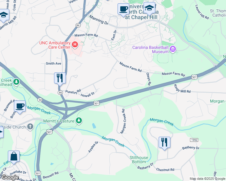 map of restaurants, bars, coffee shops, grocery stores, and more near 418 Whitehead Circle in Chapel Hill