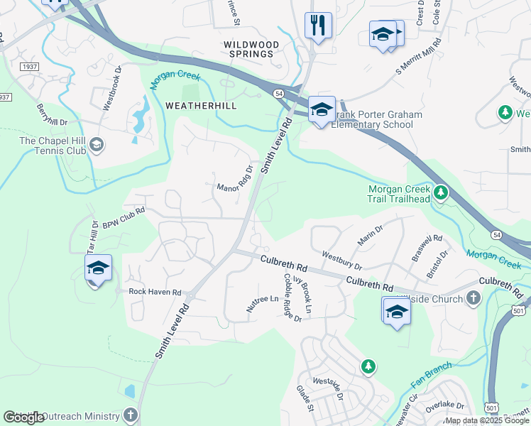 map of restaurants, bars, coffee shops, grocery stores, and more near 303 Smith Level Road in Chapel Hill