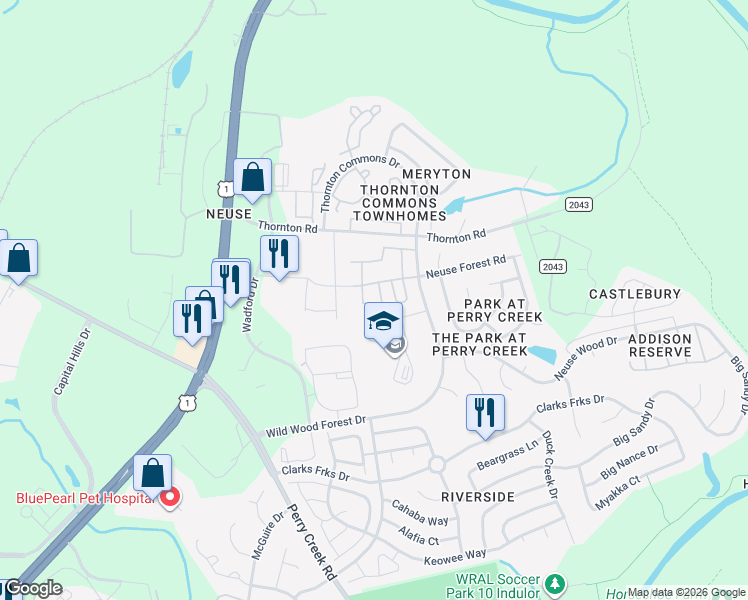 map of restaurants, bars, coffee shops, grocery stores, and more near 8621 Neuse Club Lane in Raleigh