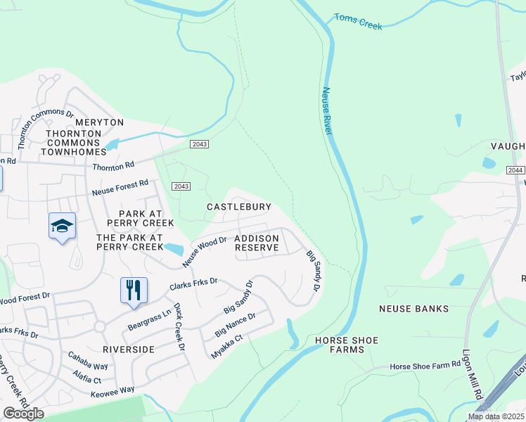 map of restaurants, bars, coffee shops, grocery stores, and more near 6037 Brambleberry Way in Raleigh