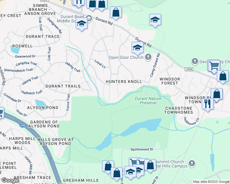 map of restaurants, bars, coffee shops, grocery stores, and more near 8605 Bluff Pointe Court in Raleigh