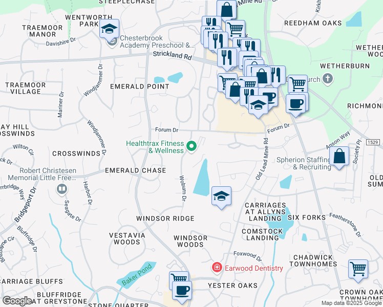 map of restaurants, bars, coffee shops, grocery stores, and more near 8300 Health Park in Raleigh