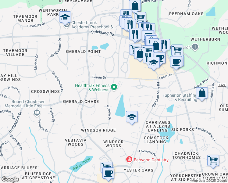 map of restaurants, bars, coffee shops, grocery stores, and more near 8300 Health Park in Raleigh