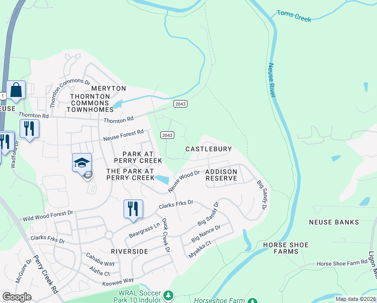 map of restaurants, bars, coffee shops, grocery stores, and more near 5512 Thornton Road in Raleigh