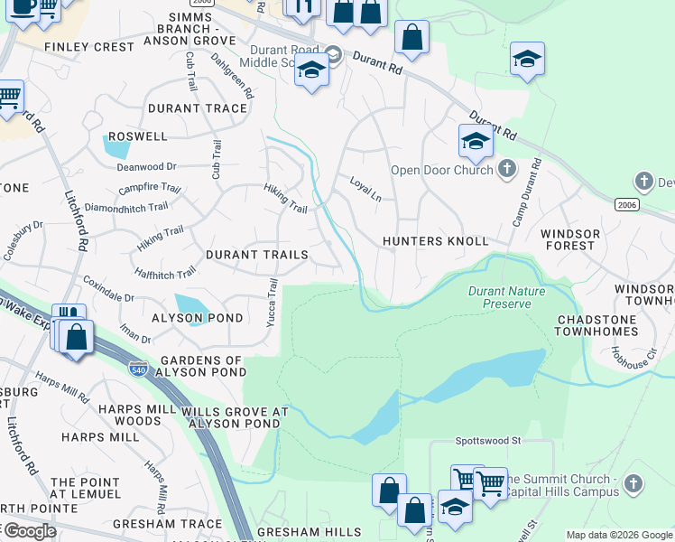 map of restaurants, bars, coffee shops, grocery stores, and more near 8520 Clivedon Drive in Raleigh