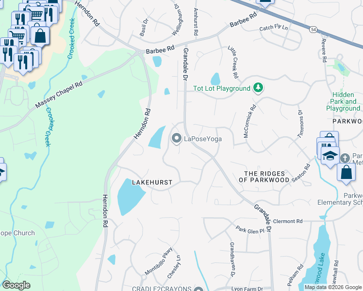 map of restaurants, bars, coffee shops, grocery stores, and more near 213 Landreth Court in Durham