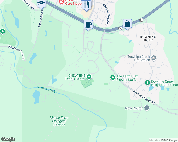 map of restaurants, bars, coffee shops, grocery stores, and more near 404 Summerwalk Circle in Chapel Hill