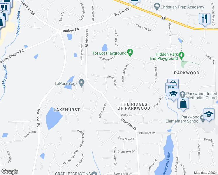 map of restaurants, bars, coffee shops, grocery stores, and more near 4919 Wineberry Drive in Durham