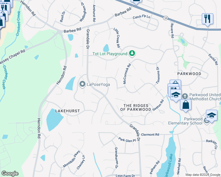 map of restaurants, bars, coffee shops, grocery stores, and more near 4919 Wineberry Drive in Durham