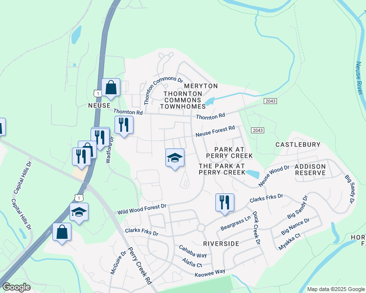 map of restaurants, bars, coffee shops, grocery stores, and more near 8640 Neuse Landing Lane in Raleigh
