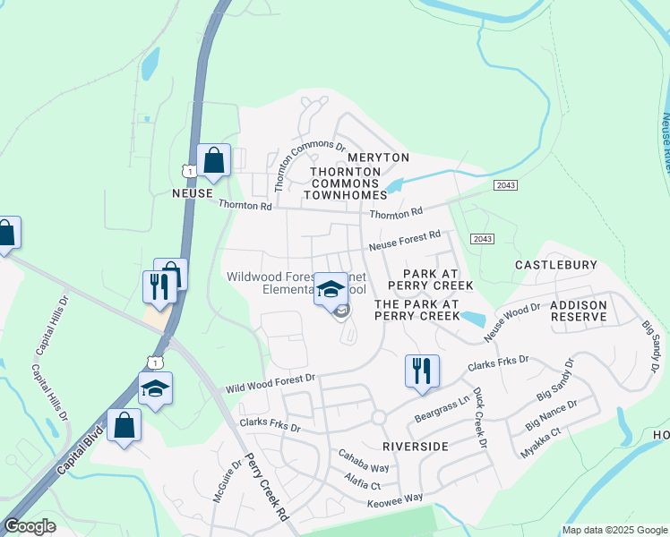 map of restaurants, bars, coffee shops, grocery stores, and more near 8610 Neuse Landing Lane in Raleigh