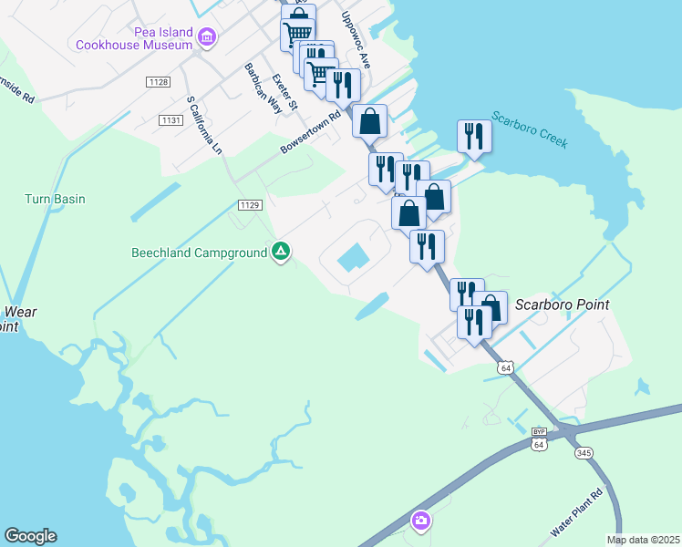 map of restaurants, bars, coffee shops, grocery stores, and more near 662 Vista Lake Drive in Manteo